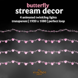 May include: Pink butterfly string lights with twinkling lights, ideal for decorating. The image shows four strands of lights with a transparent background. Text reads "butterfly stream decor".