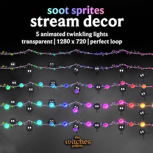 May include: Animated stream decor with cartoon soot sprites and twinkling lights in multiple colours. The text reads "soot sprites stream decor" and "5 animated twinkling lights". The image also includes the text "the witches palette".