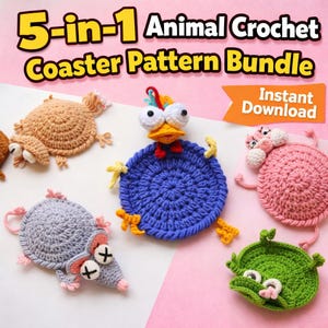 5-in-1 Animal Crochet Coaster Pattern Bundle, Animals Cup Holder, Amigurumi, (PDF Pattern)