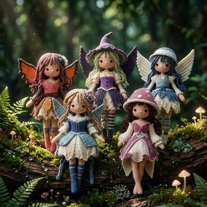 May include: Five handmade crochet fairy dolls with detailed wings, dresses, and hats. The fairies are in various colors, including pink, blue, purple, and orange. They are posed on a mossy log in a forest setting with mushrooms.