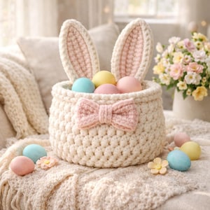 May include: A cream-colored crochet Easter basket shaped like a bunny, with pink-lined ears and a pink bow. The basket is filled with pastel-colored eggs. Additional pastel eggs and flower decorations are scattered around the basket on a cream-colored blanket.