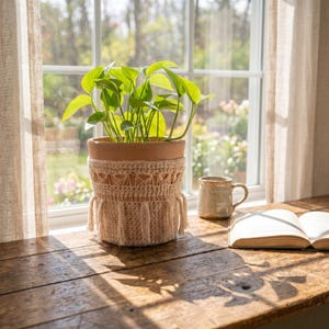 May include: A potted plant with bright green leaves sits in a terracotta pot adorned with a beige macrame plant pot cover. A ceramic mug and an open book rest on a rustic wooden windowsill, with a sunlit window in the background.