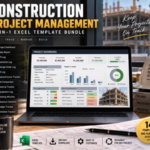 Könnte beinhalten: Ein Laptop zeigt ein Dashboard für das Baumanagement mit Diagrammen und Daten. Der Bildschirm zeigt Projektinformationen, Budget und Meilensteine. Der Text umfasst "Construction Project Management 14-in-1 Excel Template Bundle" und "Keep Your Projects On Track."