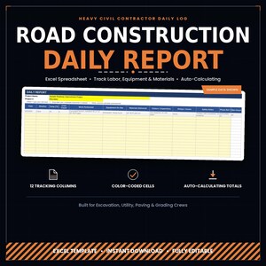 May include: A digital road construction daily report Excel spreadsheet template featuring 12 tracking columns, colour-coded cells, and auto-calculating totals. The layout includes fields for project name, date, weather, crew count, and equipment usage.