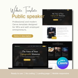 May include: A digital website template for public speakers featuring a black and gold colour scheme. The layout includes sections for services, testimonials, and contact information, with text reading Website Template Public speaker and Edit in Canva.