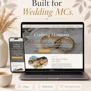 May include: A Canva website template for wedding MCs displayed on a laptop and smartphone screen. The design features gold text, wedding ring imagery, and sections for services and testimonials. Includes buttons for 5 pages, mobile ready, and free Canva account.