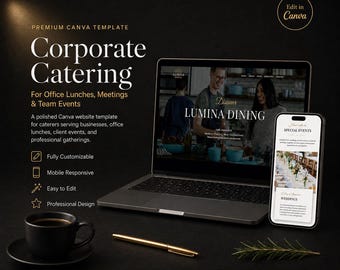 Corporate Catering Website Template, Office Landing Page, Editable Canva Site, Menu