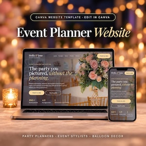 May include: A laptop and a smartphone displaying a website template for an event planner named Hollis & June. The screen shows text including The party you pictured, without the planning, 160+ events planned, and a floral arrangement.