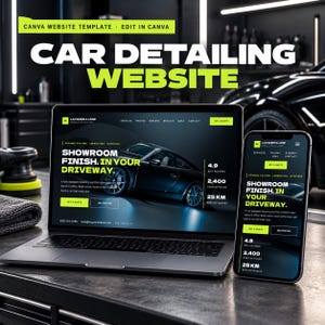 May include: A laptop and smartphone displaying a car detailing website template titled Lacquer & Lane. The screen features a black car, the text Showroom Finish. In Your Driveway., and service details including 4.9 reviews and 2,400 cars detailed.