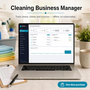 May include: A laptop displaying the CleanDesk Cleaning Business Manager software dashboard. The screen shows client data, appointments, and invoices. Text reads: Cleaning Business Manager, Track cleans, clients and invoices — offline, no subscription.