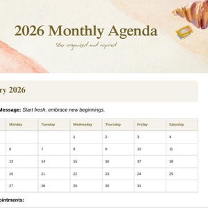 Op de afbeelding: 2026 Maandelijkse agenda met een aquarelontwerp. De kalender toont de maand januari met een boodschap: Begin fris, omarm nieuwe beginselen. Bevat een wekelijkse kalenderindeling met data.
