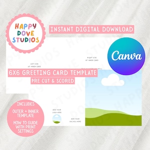 Puede incluir: Una plantilla de tarjeta de felicitación digital con el texto "6X6 GREETING CARD TEMPLATE" y "PRE CUT & SCORED". El diseño incluye un logotipo de Canva, una ilustración de paisaje y el texto "INSTANT DIGITAL DOWNLOAD".
