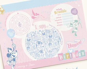 Happiest Birthday Theme Park Activity Placemat | Kids Birthday Party Printable Games | Pastel Party Activity Sheet