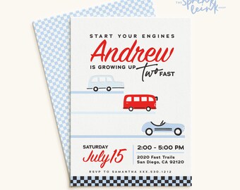 Two Fast Birthday Invitation | Retro Race Car, Boy Party (Editable Corjl Template)