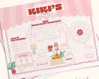 Mantel individual personalizado con actividades del mercado agrícola, juego para fiesta de cumpleaños (descarga digital)