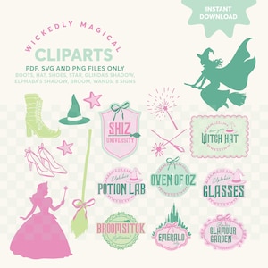 May include: A digital clipart set with a whimsical theme, featuring illustrations of witch-related items in shades of pink and green. Includes boots, hats, shoes, stars, brooms, wands, and signs with text like "Shiz University" and "Witch Hat".