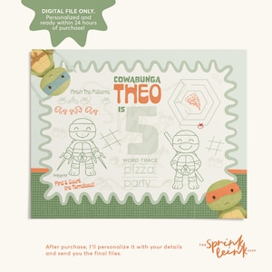 May include: A digital file featuring a Teenage Mutant Ninja Turtles theme. The design includes the text "COWABUNGA THEO IS 5" and "pizza party". The image has a green and white color scheme with illustrations of turtles and pizza.
