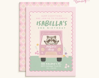 Raccoon Garbage Truck Birthday Invitation | Pink Party (Digital Download)