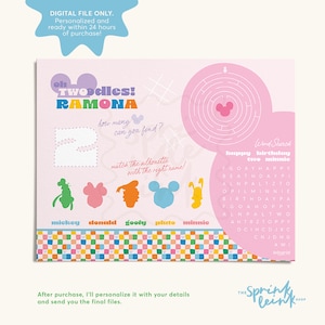 May include: A digital file featuring a pink and white birthday-themed activity sheet. It includes a maze, word search, and character silhouettes. The sheet is personalized with the name "Ramona" and the phrase "Oh Twoodles!"
