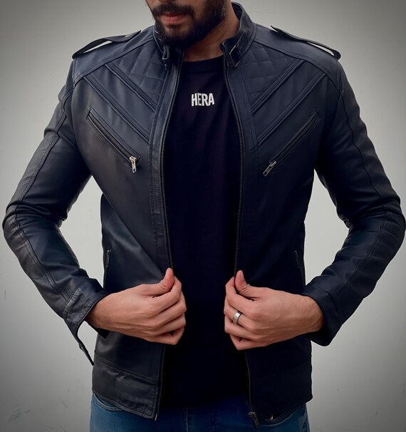 Men's Black Biker Real Leather Jacket Handmade