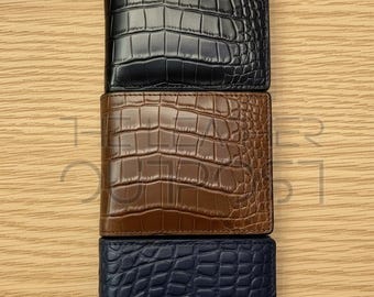 Cartera plegable para hombre de piel auténtica estilo cocodrilo, hecha a mano.