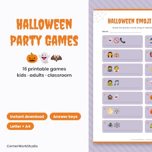 May include: A printable Halloween Emoji Pictionary game sheet featuring orange text that reads Halloween Party Games and Halloween Emoji Pictionary. The page includes fourteen numbered rows with emoji sequences and blank lines for writing answers.