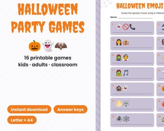 Könnte beinhalten: Ein druckbares Halloween Emoji Pictionary Spielblatt mit orangefarbenem Text, der Halloween Party Games und Halloween Emoji Pictionary lautet. Die Seite enthält vierzehn nummerierte Zeilen mit Emojis und leeren Linien für Antworten.
