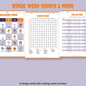 May include: A set of three printable Halloween activity sheets featuring Bingo, Word Search, and This or That games. The pages include colorful icons, word lists, and checkboxes with orange and purple accents, titled BINGO, WORD SEARCH & MORE.