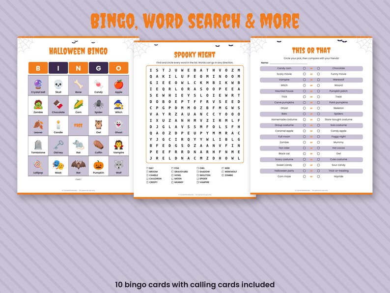 May include: A set of three printable Halloween activity sheets featuring Bingo, Word Search, and This or That games. The pages include colorful icons, word lists, and checkboxes with orange and purple accents, titled BINGO, WORD SEARCH & MORE.