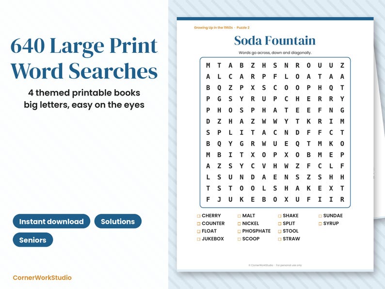 May include: A printable word search puzzle page titled Soda Fountain with a grid of letters and a list of words to find including Cherry, Malt, Shake, Sundae, Counter, Nickel, Split, Float, Phosphate, Stool, Syrup, Jukebox, Scoop, and Straw.