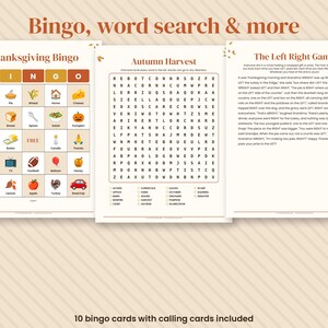 May include: Three printable activity sheets featuring Thanksgiving Bingo with colorful icons, an Autumn Harvest word search puzzle, and The Left Right Game story. The pages include brown text headers and decorative autumn leaf accents on a light background.
