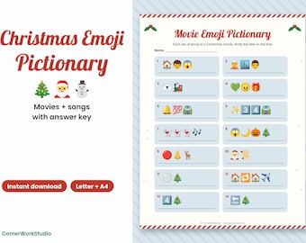 Op de afbeelding: Een printbaar kerst-emoji Pictionary-spelblad met veertien genummerde rijen emoji-reeksen om filmtitels te raden. Het document bevat een rood-wit gestreepte rand, hulst-accenten en een lege regel voor het invullen van de antwoorden.