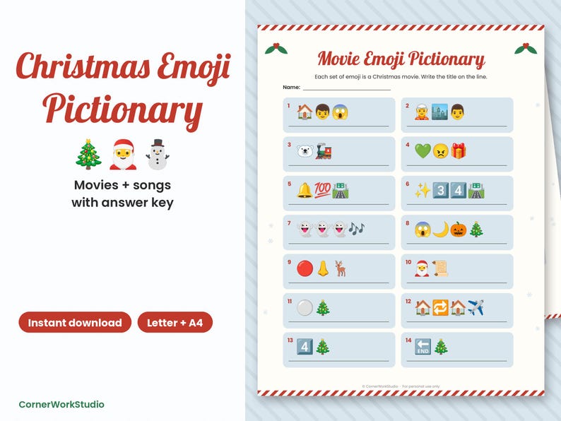 Christmas Movie & Song Emoji Pictionary Game, Printable Party Quiz (Digital Download) image 1