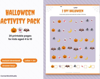 May include: A Halloween activity pack featuring 20 printable pages for kids. The cover displays the text Halloween Activity Pack and 20 printable pages for kids aged 4 to 10. The activity sheet shows an I Spy Halloween game with icons.