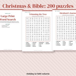 May include: A collection of three pages from a puzzle book titled Christmas & Bible: 200 puzzles. The pages feature large print word search games with themes like Trimming the Tree and Abraham's Journey, including word lists and grids.