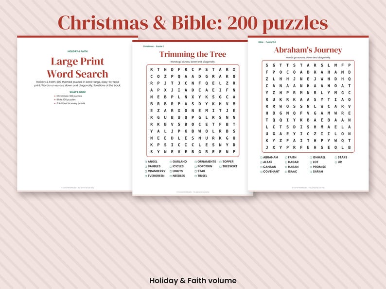 May include: A collection of three pages from a puzzle book titled Christmas & Bible: 200 puzzles. The pages feature large print word search games with themes like Trimming the Tree and Abraham's Journey, including word lists and grids.