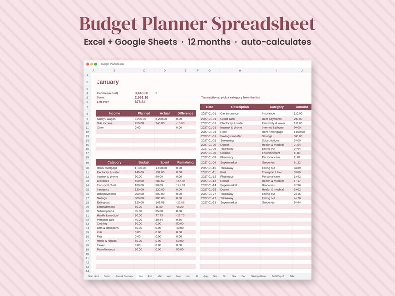 May include: A digital budget planner spreadsheet for Excel and Google Sheets with a 12-month layout. The interface features a white and maroon colour scheme, displaying income, expenses, categories, and transaction logs with auto-calculation fields.