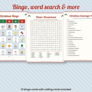 Puede incluir: Tres hojas de actividades imprimibles que incluyen un bingo navide&ntilde;o con iconos coloridos, una sopa de letras de maravillas invernales con una lista de palabras y una lista de b&uacute;squeda del tesoro navide&ntilde;a, con bordes a rayas rojas y verdes.
