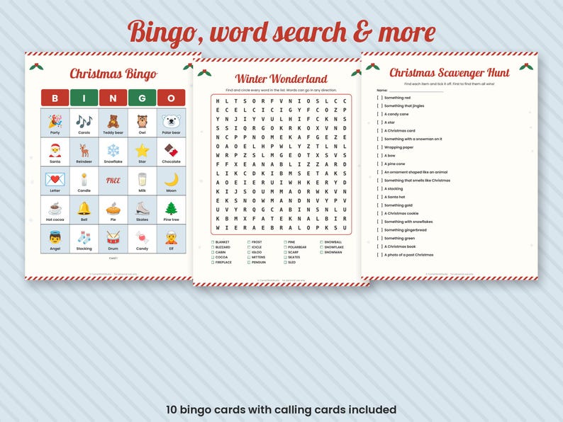 Puede incluir: Tres hojas de actividades imprimibles que incluyen un bingo navide&ntilde;o con iconos coloridos, una sopa de letras de maravillas invernales con una lista de palabras y una lista de b&uacute;squeda del tesoro navide&ntilde;a, con bordes a rayas rojas y verdes.