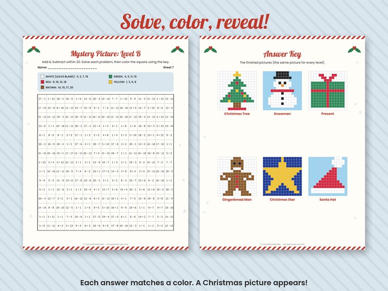 Kerstwiskunde raadselplaatjes, kleurplaten op nummer voor groep 1 t/m 4 (digitale download) afbeelding 2