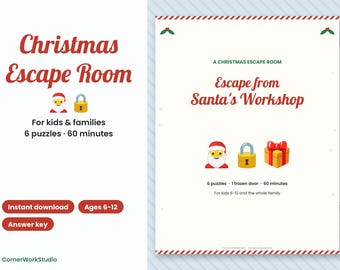 May include: A printable Christmas escape room game titled Escape from Santa's Workshop. The document features red text, icons of Santa, a padlock, and a gift box. It includes 6 puzzles, a 60-minute duration, and is designed for kids ages 6-12.