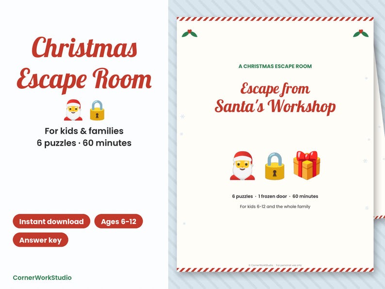 Weihnachtliches Escape Room für Kinder, druckbares Familienspiel, Flucht aus der Weihnachtswerkstatt (Digitaler Download) Bild 1
