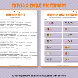 May include: Two white printable activity sheets featuring orange headers titled TRIVIA & EMOJI PICTIONARY. The left sheet contains twelve Halloween trivia questions with multiple-choice answers, while the right sheet displays sixteen emoji-based puzzles.