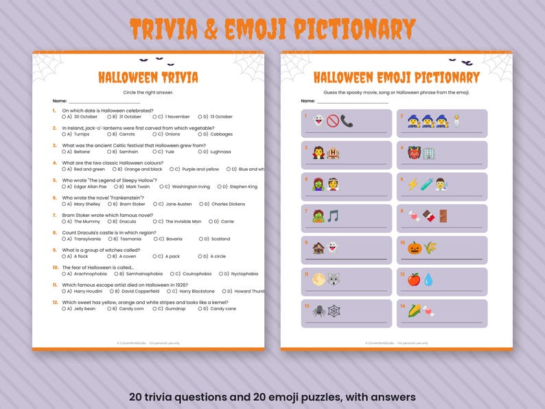 May include: Two white printable activity sheets featuring orange headers titled TRIVIA & EMOJI PICTIONARY. The left sheet contains twelve Halloween trivia questions with multiple-choice answers, while the right sheet displays sixteen emoji-based puzzles.