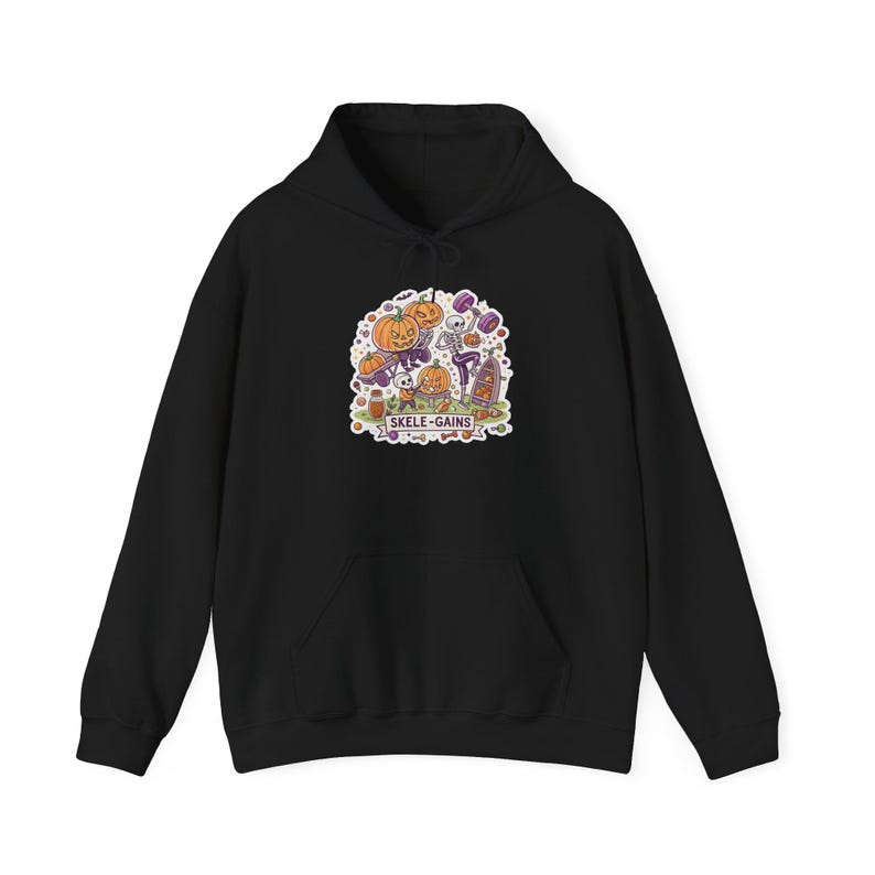 Skele-Gains Skeleton Gym Halloween Hoodie, Funny Spooky Season Hoodie, Quirky Halloween Gift image 2