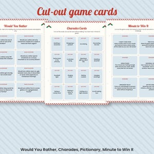 Puede incluir: Tres hojas de tarjetas de juego navide&ntilde;as imprimibles con actividades de Would You Rather, Charades y Minute to Win It. Cada hoja contiene varias tarjetas rectangulares con detalles de acebo rojo y verde, encabezados en rojo y fondos azul claro.