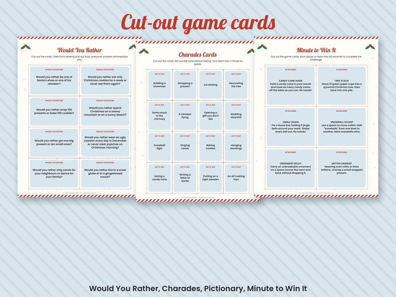 Puede incluir: Tres hojas de tarjetas de juego navide&ntilde;as imprimibles con actividades de Would You Rather, Charades y Minute to Win It. Cada hoja contiene varias tarjetas rectangulares con detalles de acebo rojo y verde, encabezados en rojo y fondos azul claro.