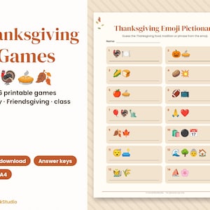 May include: A printable Thanksgiving Emoji Pictionary game sheet with a beige background. The title reads Thanksgiving Emoji Pictionary, followed by fourteen numbered rows featuring various emoji combinations for players to identify holiday themes.