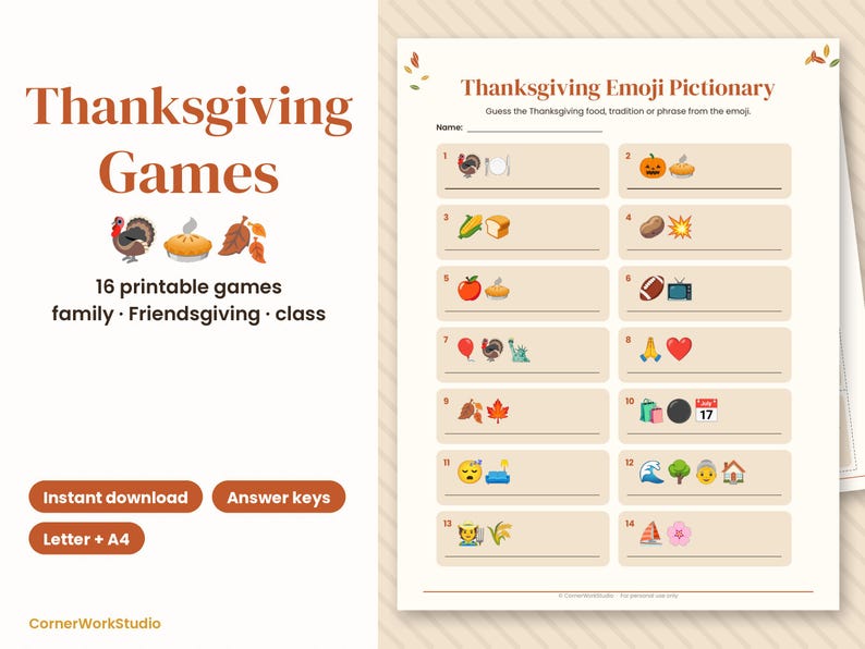 May include: A printable Thanksgiving Emoji Pictionary game sheet with a beige background. The title reads Thanksgiving Emoji Pictionary, followed by fourteen numbered rows featuring various emoji combinations for players to identify holiday themes.