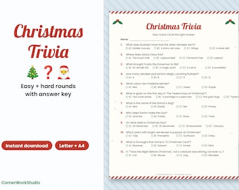 May include: A printable Christmas trivia game sheet featuring twelve multiple-choice questions about holiday themes. The document includes a title, a name line, and answer options labelled A through D, decorated with red and green holly icons.